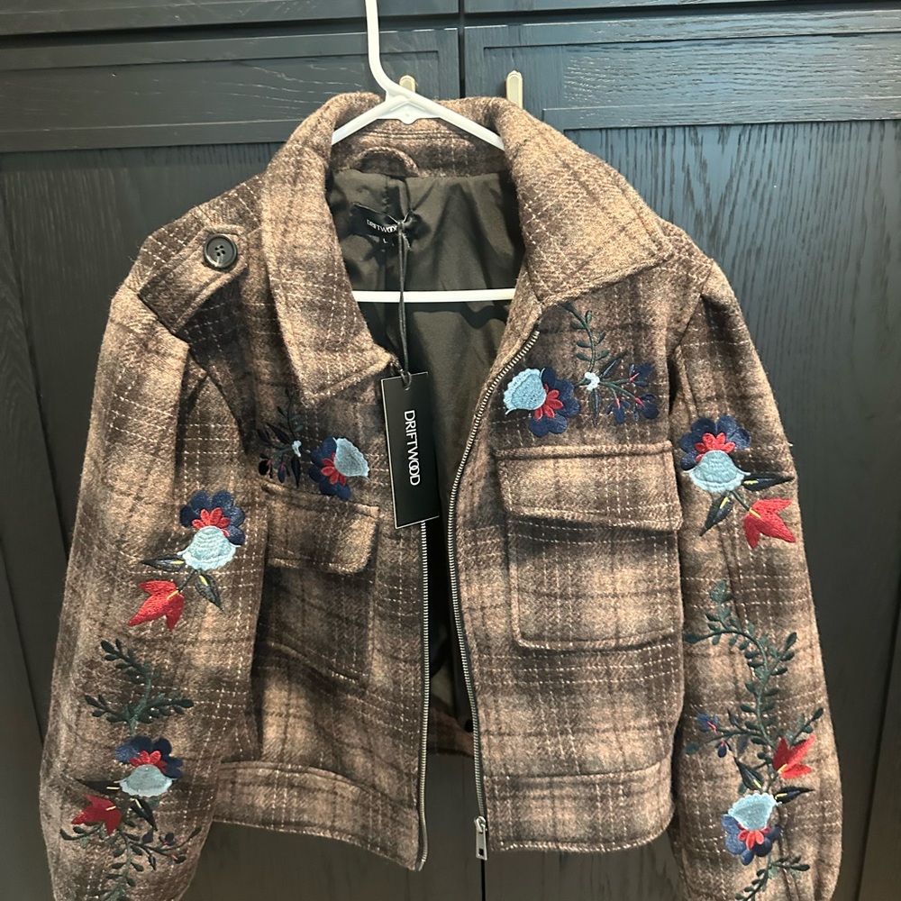 DRIFTWOOD Brown Plaid Bomber Jacket with Floral Embroidery